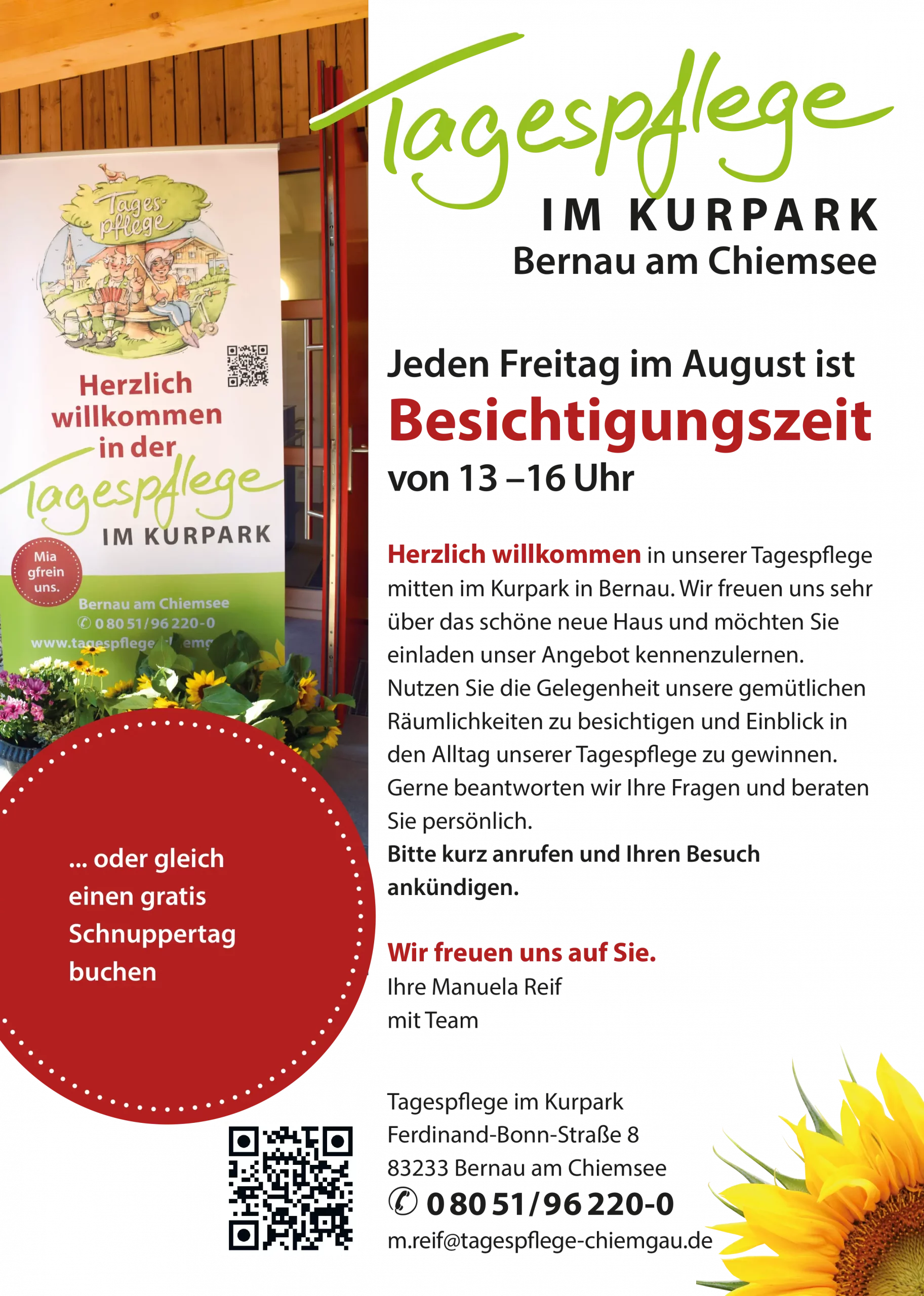 TAGESPFLEGE IM KURPARK Bernau am Chiemsee Jeden Freitag im August ist Besichtigungszeit Flyer